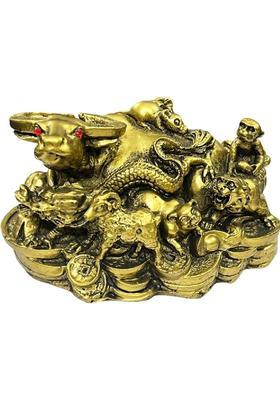 numeroastro Feng Shui Lucky Bull | Ox with All Zodiac Symbols for Good Luck Decorative Showpiece - 8 cm&nbsp;&nbsp;(Polyresin, Gold)