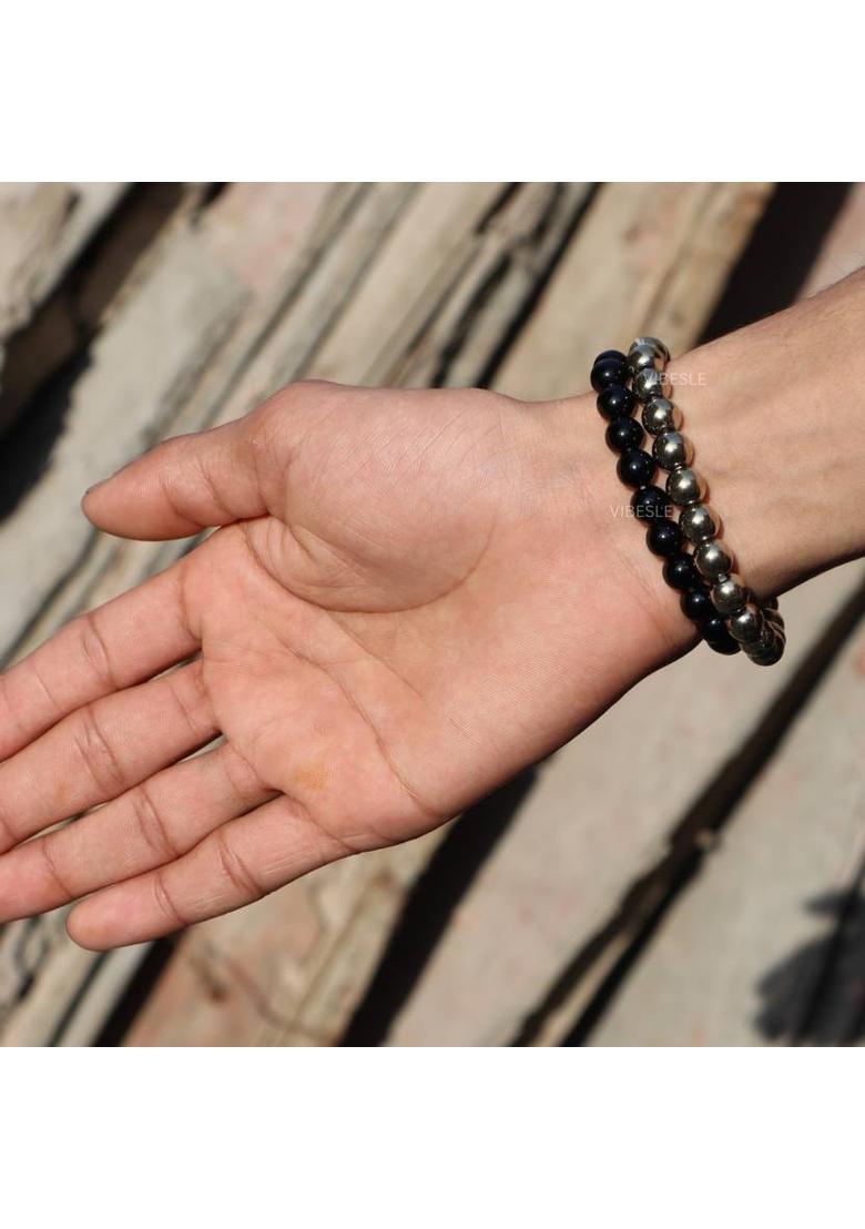 VIBESLE Combo of Original Certified Pyrite Stone Bracelet and Black Tourmaline Bracelet Decorative Showpiece - 10 cm&nbsp;&nbsp;(Stone, Multicolor) - Indya