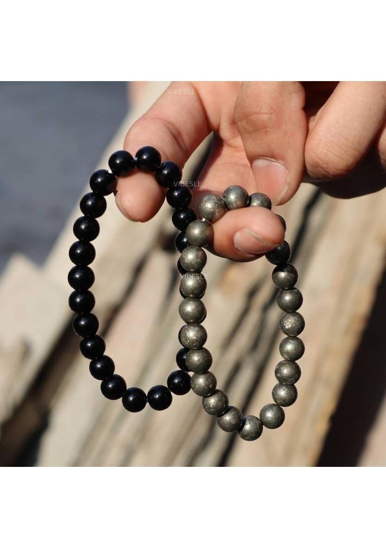 VIBESLE Combo of Original Certified Pyrite Stone Bracelet and Black Tourmaline Bracelet Decorative Showpiece - 10 cm&nbsp;&nbsp;(Stone, Multicolor) - Indya