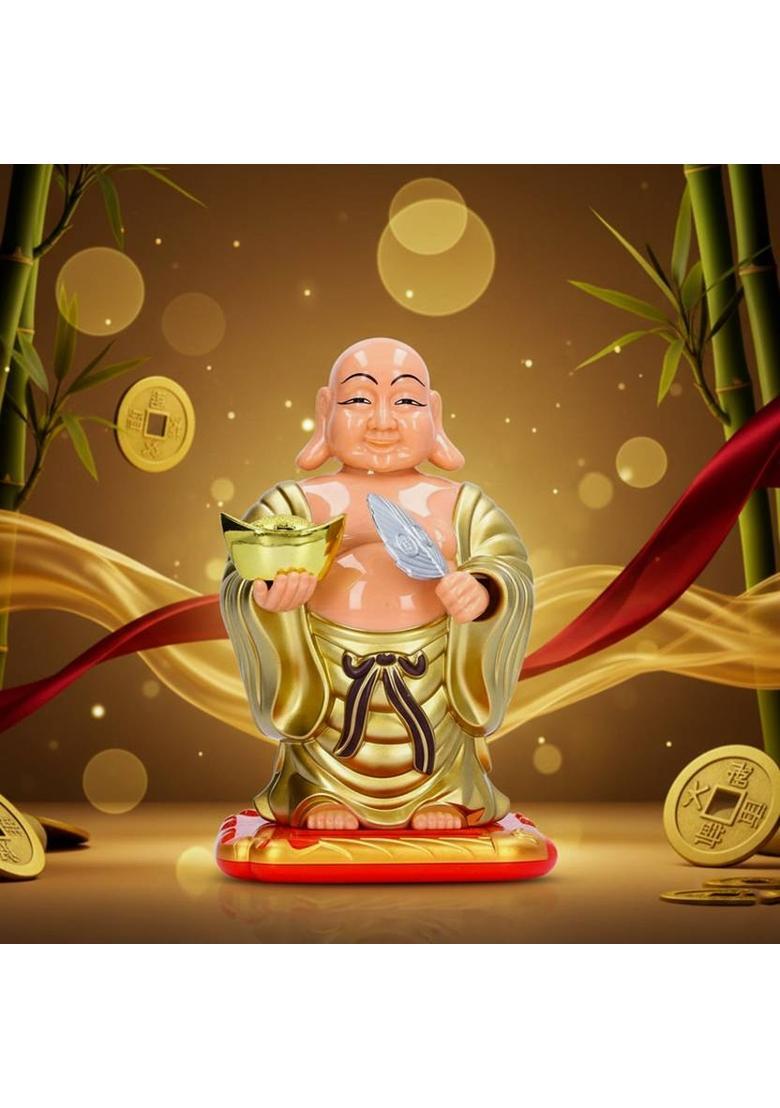 Elegant Lifestyle Cute Solar Laughing Buddha Feng-Shui, Positive Energy, Money Luck Home Decorative Showpiece - 14 cm&nbsp;&nbsp;(Plastic, Gold, Red) - Indya