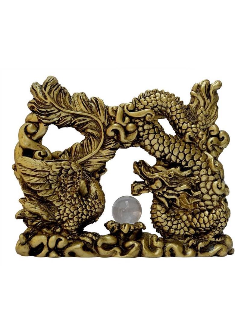 Feng Shui Art Vastu / Dragon and Phoenix With Crystal Ball For Harmoney In Marriage, Love, Happyness & Bring Prosperity In Life Decorative Showpiece - 12 cm&nbsp;&nbsp;(Polyresin, Gold) - Indya