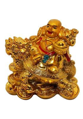 Feng Shui Art Vastu / Small Laughing Buddha Sitting on Dragon Tortoise For Happiness, Wealth & Goodluck� Decorative Showpiece - 8 cm&nbsp;&nbsp;(Polyresin, Gold)
