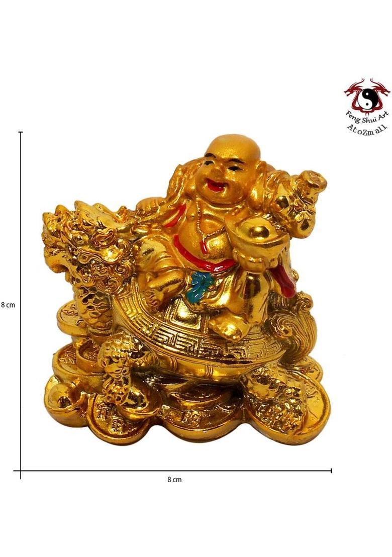 Feng Shui Art Vastu / Small Laughing Buddha Sitting on Dragon Tortoise For Happiness, Wealth & Goodluck� Decorative Showpiece - 8 cm&nbsp;&nbsp;(Polyresin, Gold) - Indya