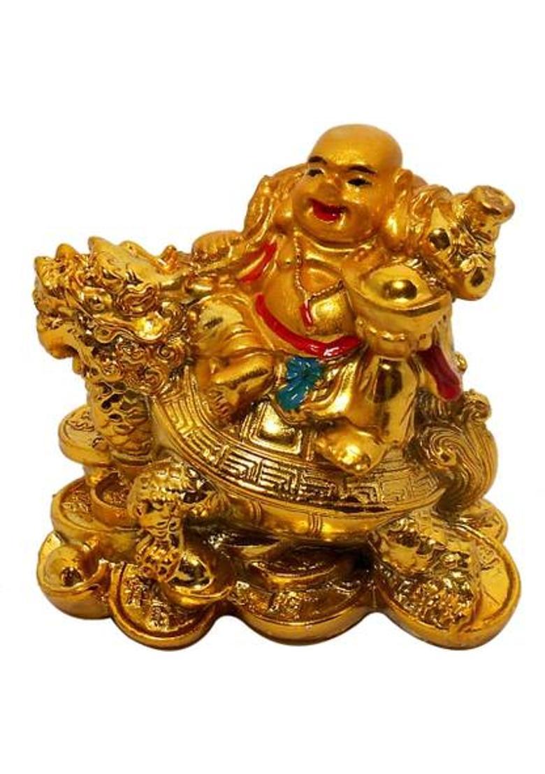 Feng Shui Art Vastu / Small Laughing Buddha Sitting on Dragon Tortoise For Happiness, Wealth & Goodluck� Decorative Showpiece - 8 cm&nbsp;&nbsp;(Polyresin, Gold) - Indya