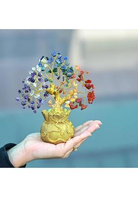 ABABILCRYSTAL 7 Chakra Feng Shui Golden Money Bag Base Bonsai Tree for Wealth,Home Decor Decorative Showpiece - 20 cm&nbsp;&nbsp;(Crystal, Multicolor)