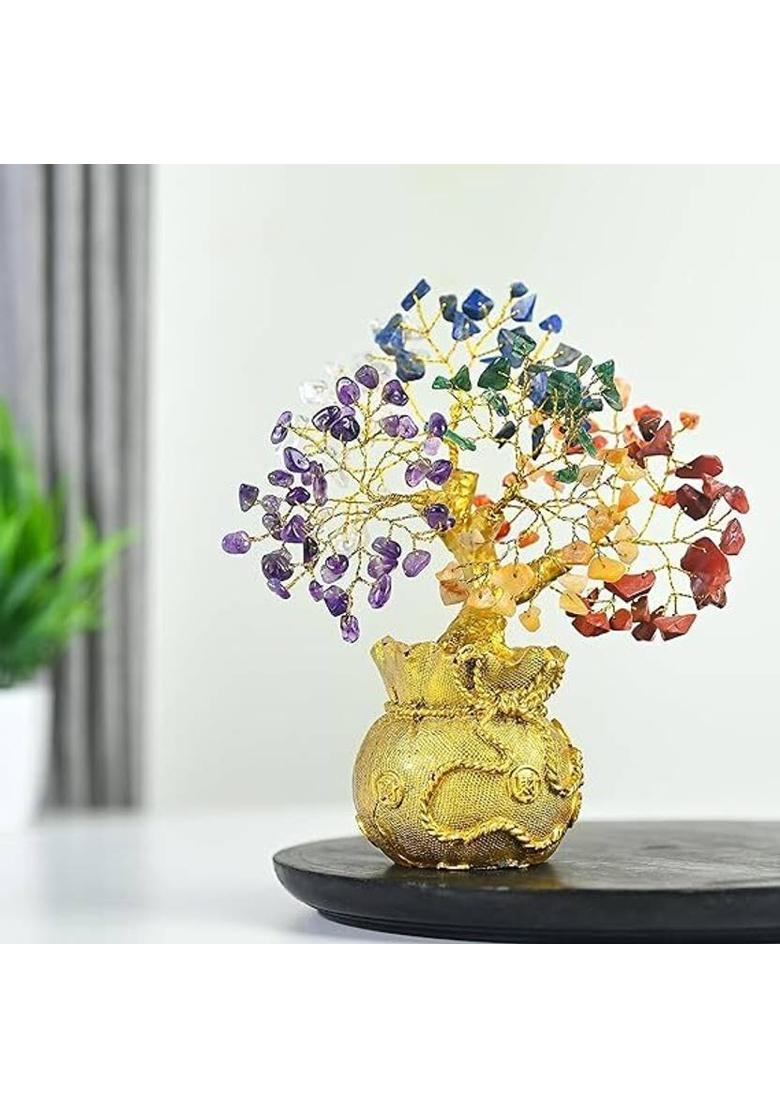 ABABILCRYSTAL 7 Chakra Feng Shui Golden Money Bag Base Bonsai Tree for Wealth,Home Decor Decorative Showpiece - 20 cm&nbsp;&nbsp;(Crystal, Multicolor) - Indya