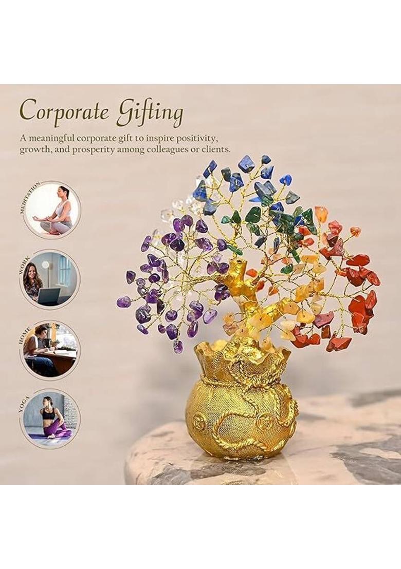 ABABILCRYSTAL 7 Chakra Feng Shui Golden Money Bag Base Bonsai Tree for Wealth,Home Decor Decorative Showpiece - 20 cm&nbsp;&nbsp;(Crystal, Multicolor) - Indya