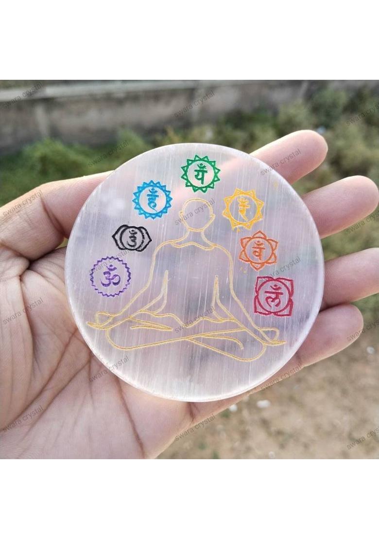 SWARACRYSTAL Buddha Chakra Selenite Charging Plate – Crystal Healing, Energy Cleansing Decorative Showpiece - 8 cm&nbsp;&nbsp;(Crystal, White, Gold) - Indya