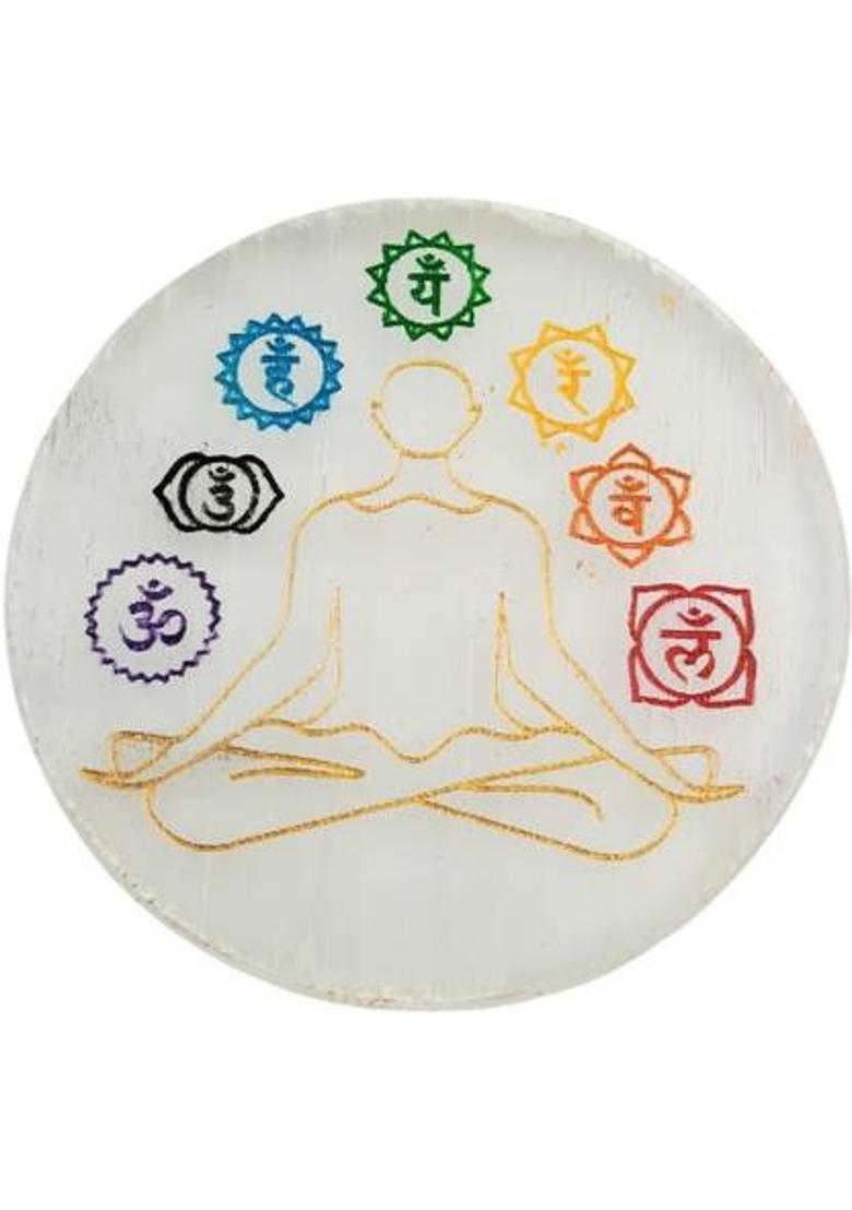 SWARACRYSTAL Buddha Chakra Selenite Charging Plate – Crystal Healing, Energy Cleansing Decorative Showpiece - 8 cm&nbsp;&nbsp;(Crystal, White, Gold) - Indya