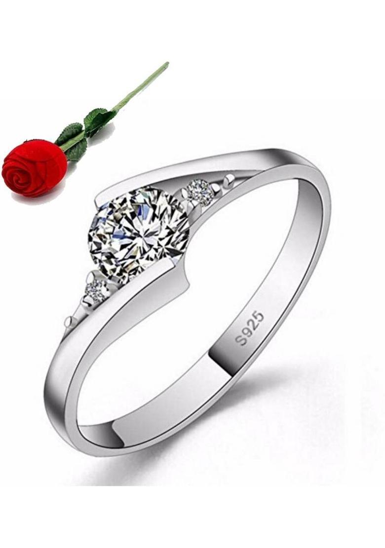 Sizzling Solitaire Adjustable Ring For Women & Girls Sterling Silver Crystal 24K Stainless Steel Cubic Zirconia Silver Plated Ring - Indya