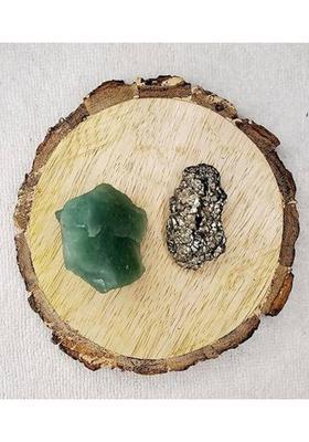 Divinity Crystals Green Aventurine and Pyrite AAA Grade Raw Crystal Combo with Bark Coaster Regular Round Crystal Stone&nbsp;&nbsp;(Multicolor 2 Pieces)