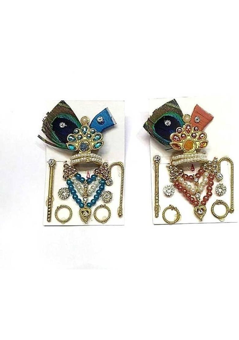 DURGA HOSIERY FANCY FULL SET OF 2(MALA, KANGHAN, EARINGS, MUKUT , BANSURI , CHHADI ) FOR NO 2 SIZE Deity Ornament&nbsp;&nbsp;(LADOO GOPAL) - Indya