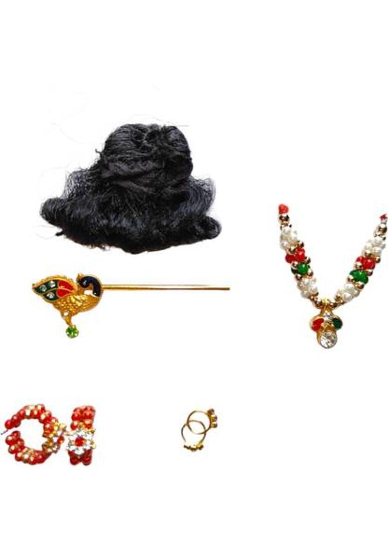 Hanu Creations Laddu Gopal ji Shringar Set of 1 Hair, 1 Flute, 2 Bangle, 2 Earing, 1 Mala Deity Ornament&nbsp;&nbsp;(for Size 0,1,2 No.) - Indya