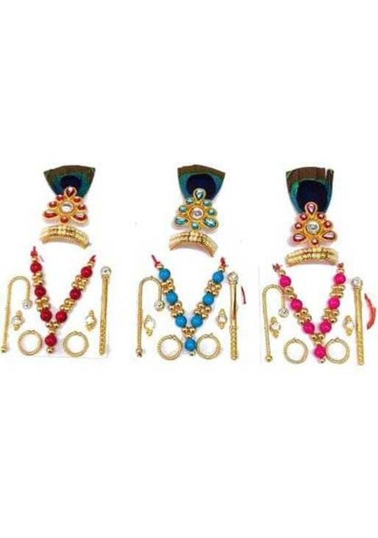 Any Fashion Laddu Gopal Ji Mukut Mala Shringar Set with Bansuri, Kundal, Karula & Chhari Deity Ornament&nbsp;&nbsp;(matarani) - Indya