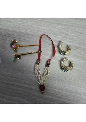 Kanha Creations Laddu Gopal Ji Shringar Mala, 2 Bansuri and Hath Kangan Set, Combo Set Deity Ornament&nbsp;&nbsp;(Laddu Gopal 4 pcs Combo Set For 1 To 4 No Kanha Ji)