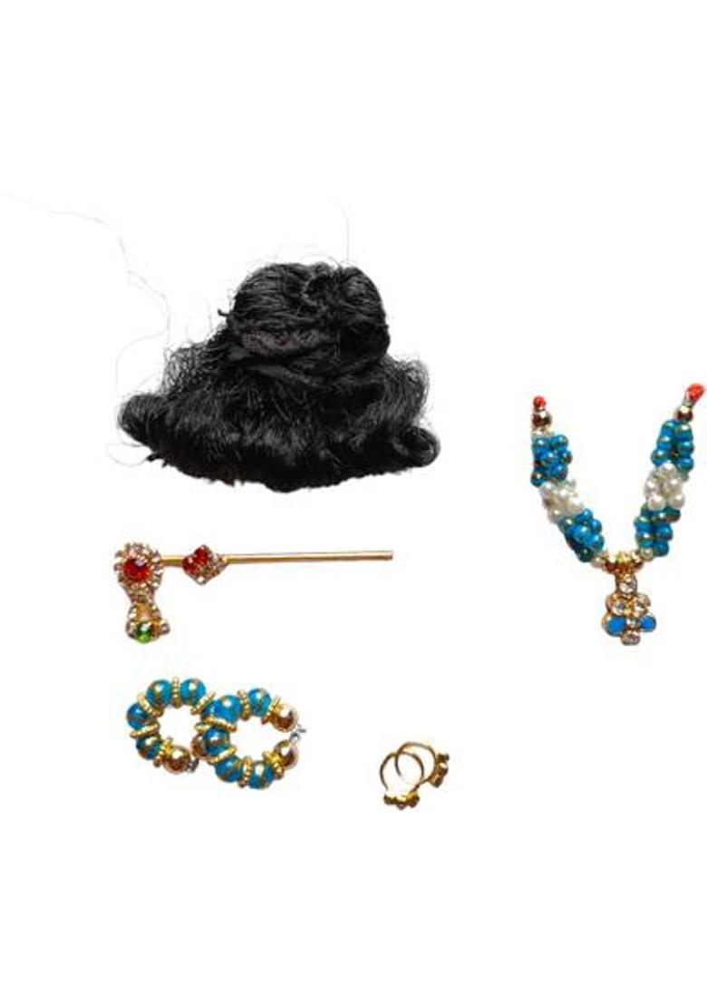 Hanu Creations Laddu Gopal ji Shringar Set of 1 Hair,1 Flute, 2 Bangle, 2 Earing, 1 Mala, Premium Deity Ornament&nbsp;&nbsp;(for Size 0,1,2 No.) - Indya