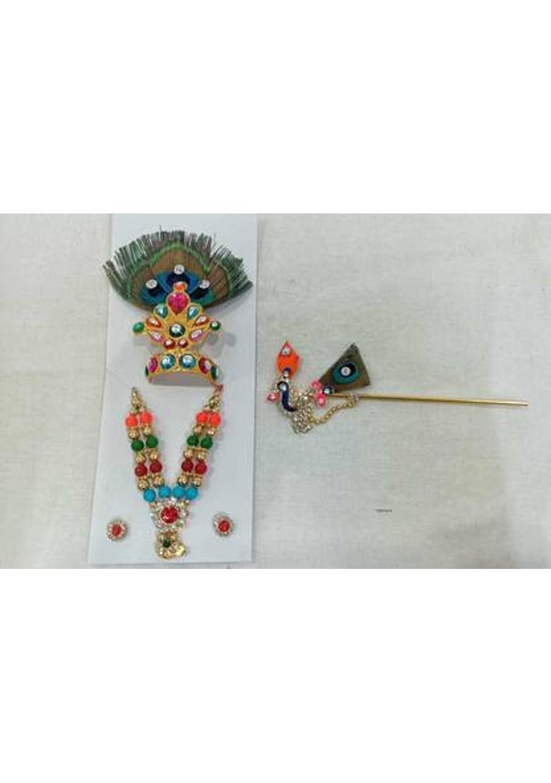 DURGA HOSIERY Laddu Gopal Morpankh Set (5-6 Size) Krishna Jewellery Set, Stone Bansuri (COMBO) Deity Ornament&nbsp;&nbsp;(God/Devi Maa, /Radha Rani, Laddu Gopal) - Indya