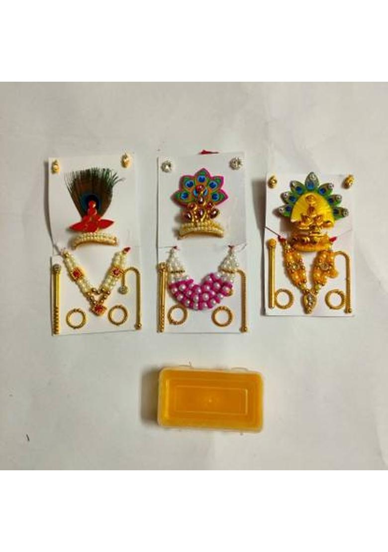 Ravienterprises Laddu Gopal Mukut Mala Shringar Combo Set with Bansuri, Kundal/Kade & Chhari Deity Ornament&nbsp;&nbsp;(matarani) - Indya
