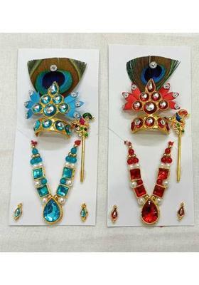 DURGA HOSIERY laddu gopal ji beautiful colourful morpankh shirngar set ( pack of 2) medium Deity Ornament&nbsp;&nbsp;(LADOO GOPAL HEAVY DESIGHNER STONES FANCY SHRINGAR SET FOR SIZE MEDIUM( 3 OR 4 NUMBER)PACK OF 2)