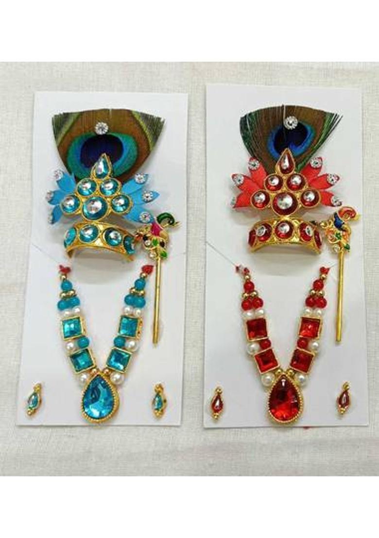 DURGA HOSIERY laddu gopal ji beautiful colourful morpankh shirngar set ( pack of 2) medium Deity Ornament&nbsp;&nbsp;(LADOO GOPAL HEAVY DESIGHNER STONES FANCY SHRINGAR SET FOR SIZE MEDIUM( 3 OR 4 NUMBER)PACK OF 2) - Indya