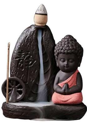 Jiyansh Creation Statue of Meditating Monk Smoke Backflow Cone Incense Holder With 10 Cones Decorative Showpiece - 12 cm&nbsp;&nbsp;(Polyresin, Orange, Brown)