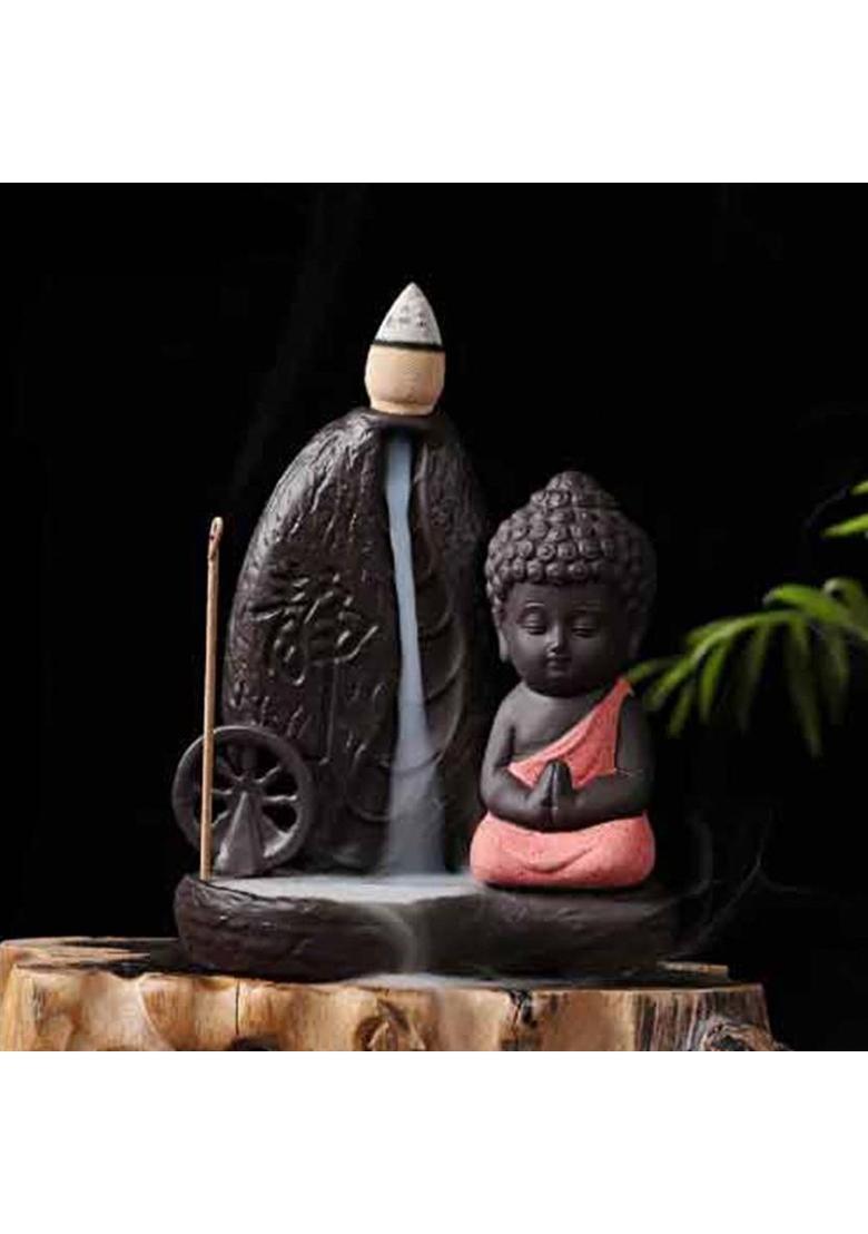 Jiyansh Creation Statue of Meditating Monk Smoke Backflow Cone Incense Holder With 10 Cones Decorative Showpiece - 12 cm&nbsp;&nbsp;(Polyresin, Orange, Brown) - Indya
