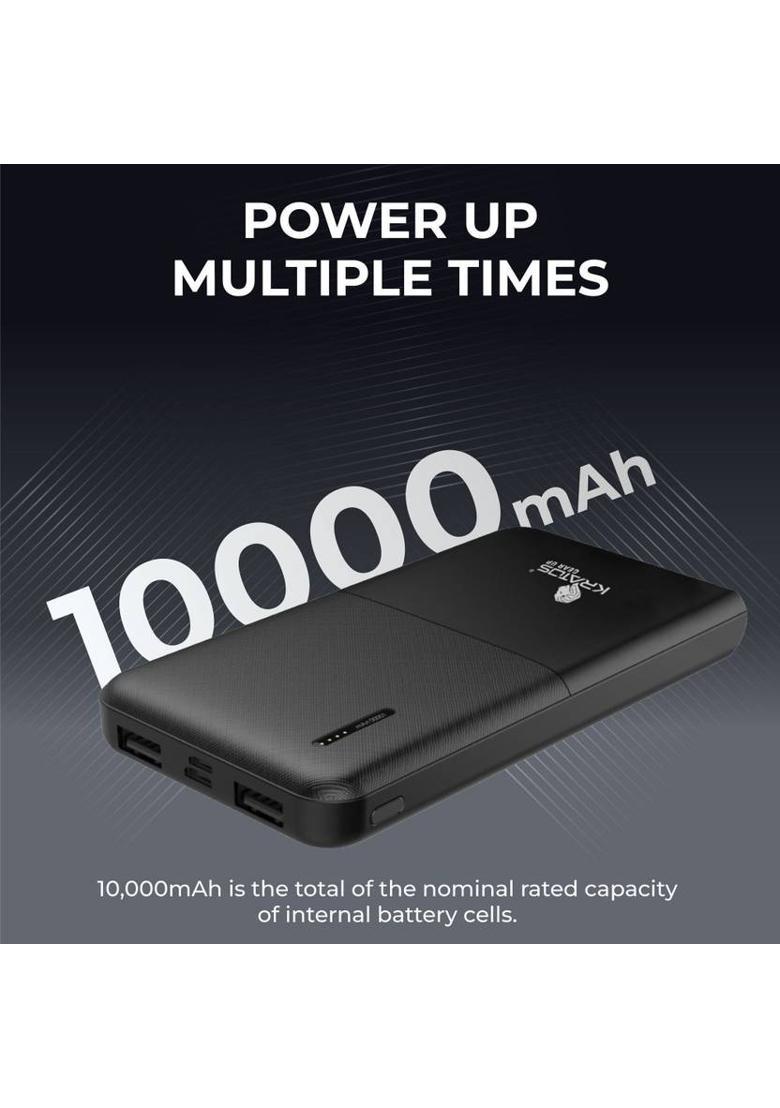 Kratos 10000 mAh 12.5 W Compact Pocket Size Power Bank&nbsp;&nbsp;(Black, Lithium Polymer, Fast Charging for Mobile, Earbuds, Speaker, Trimmer, Tablet) - Indya