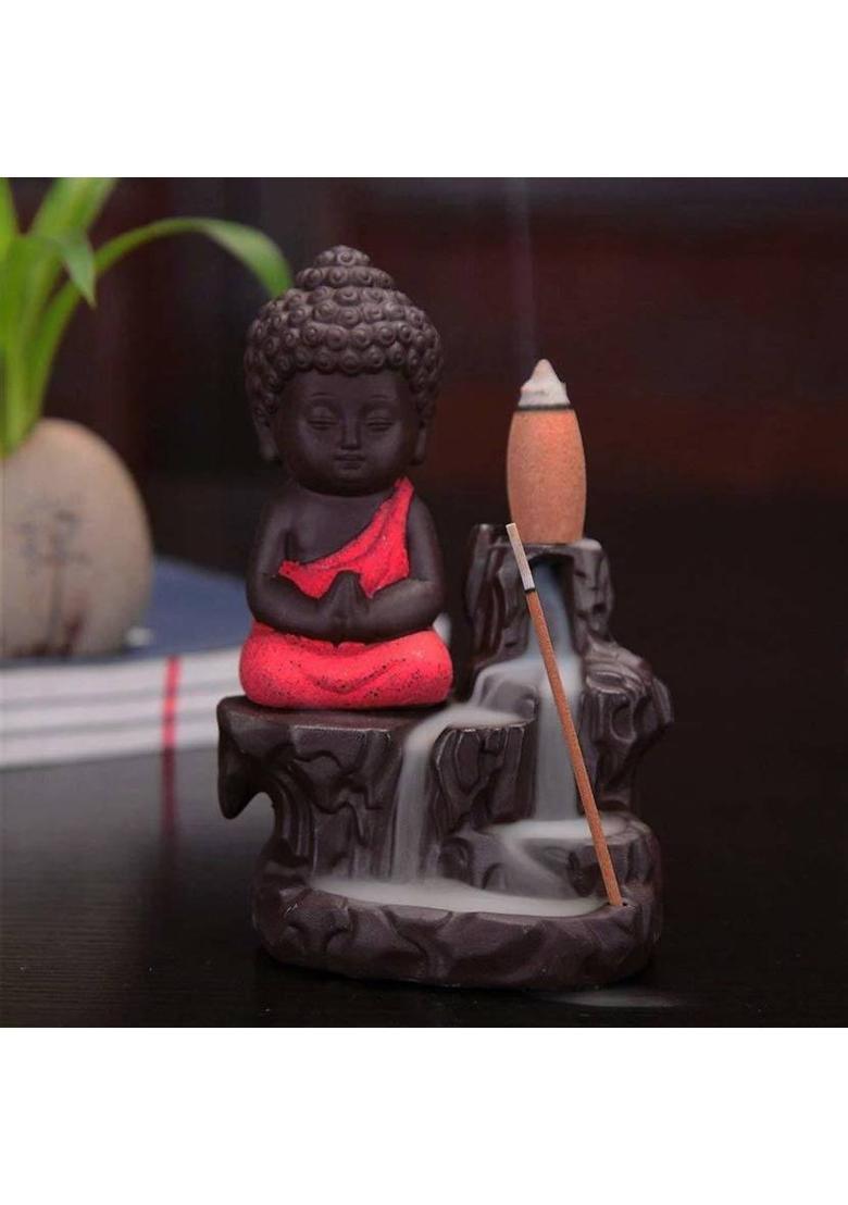 Luvcraft Meditating Monk Buddha Smoke Backflow Cone Incense Decorative Showpiece Polyresin Incense Holder&nbsp;&nbsp;(Red) - Indya