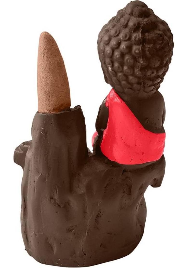 Shubhanjali Back flow incense little buddha fountain Buddha with Scented Cone Polyresin Buddha with 10 Smoke Back Flow Scented Cone,Meditating Smoke Buddha Black Flow (Red & Brown) (Height-11.5 Cm) Decorative Showpiece - 11.5 cm&nbsp;&nbsp;(Polyresin, Brown, Red) - Indya