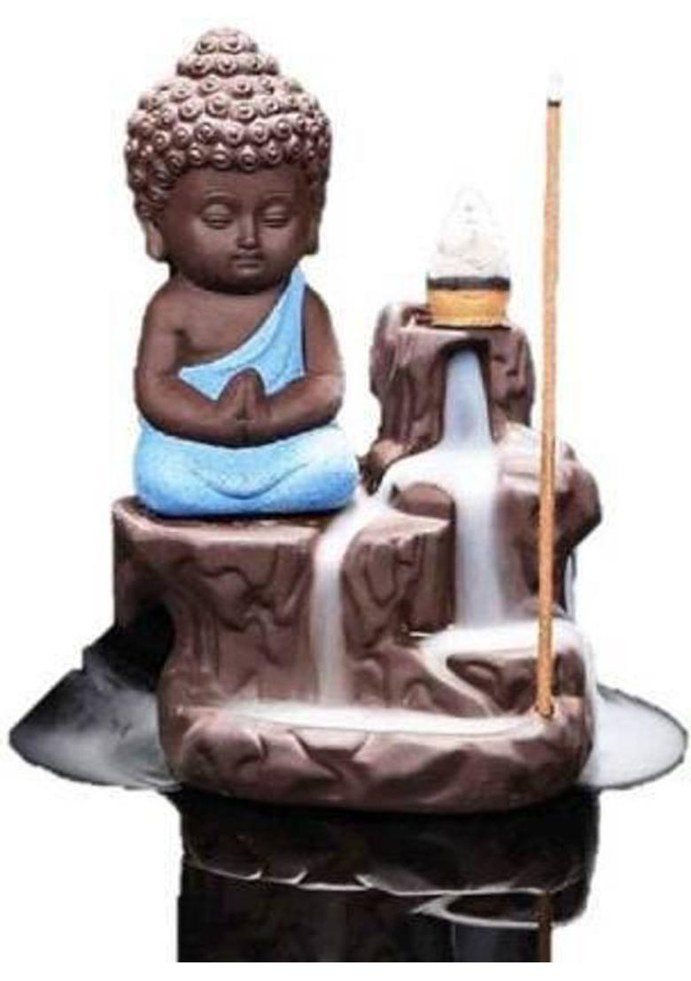 Pratima Handcrafted Meditating Little baby Monk Buddha Smoke Backflow Cone Incense Holder Decorative Showpiece - 12 cm (Polyresin, Blue) Decorative Showpiece - 12 cm&nbsp;&nbsp;(Polyresin, Brown, Blue) - Indya