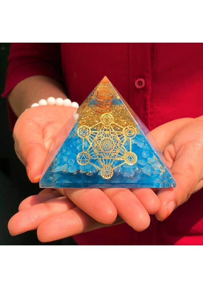 VIBESLE VIBESLE Blue Aquamarine Orgone Pyramid with Emf Protection and Positive Energy Decorative Showpiece - 8 cm&nbsp;&nbsp;(Crystal, Blue) - Indya