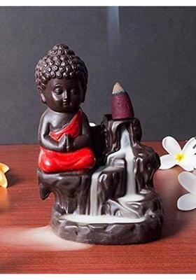 welno international Red Buddha Smoke Fountain with Free 30 Smoke Back Flow Cone Incenses Decorative Showpiece - 10 cm&nbsp;&nbsp;(Resin, Red)