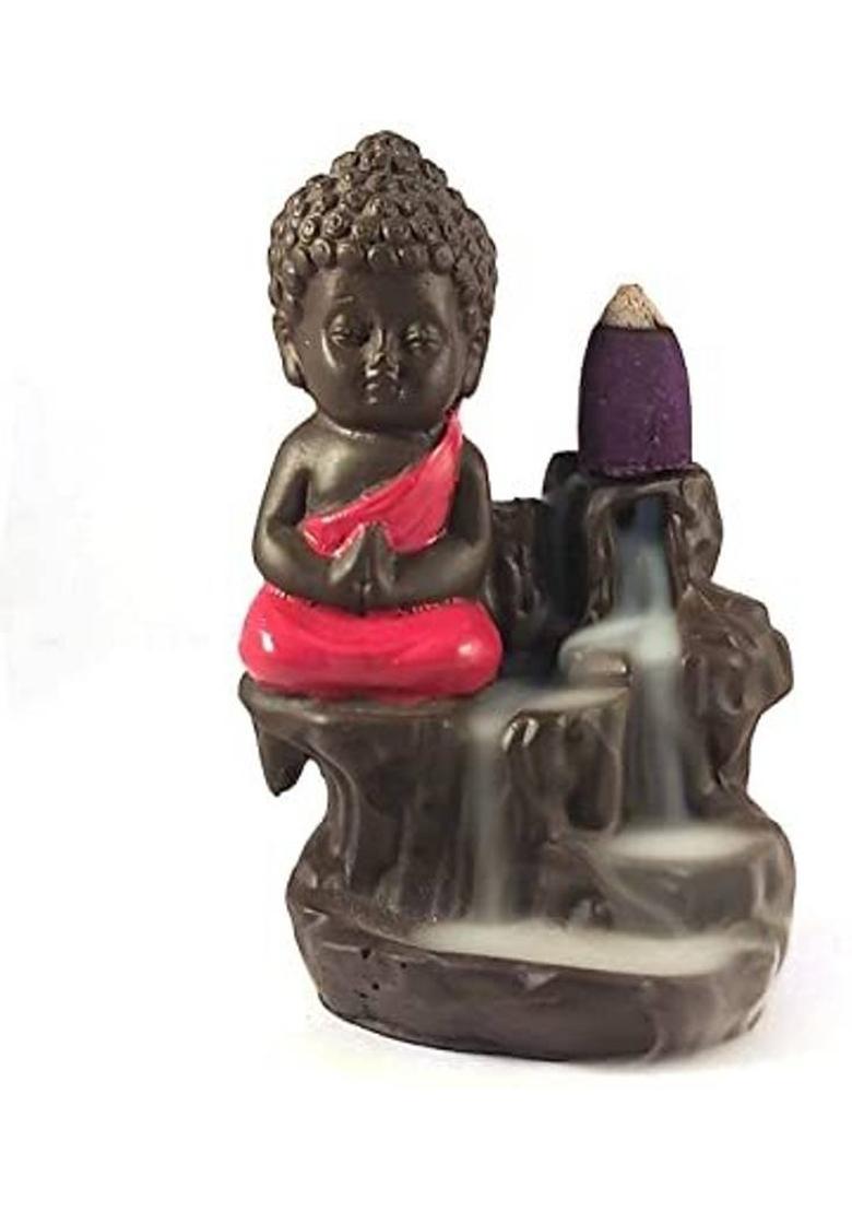 welno international Red Buddha Smoke Fountain with Free 30 Smoke Back Flow Cone Incenses Decorative Showpiece - 10 cm&nbsp;&nbsp;(Resin, Red) - Indya