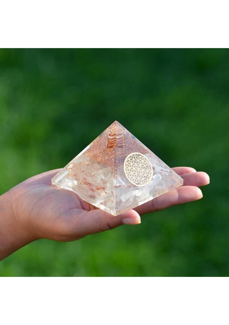 Aakanksha fashion Crystal Pyramid with Flower of Life Symbol for Yoga Meditation,Spiritual Healing Decorative Showpiece - 7 cm&nbsp;&nbsp;(Crystal, White) - Indya