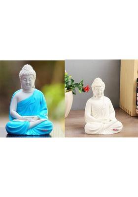 mark india Aquarium Monk Buddha Statue (Pack of 2) with Marble Finishing for Natural Decorative Showpiece - 12 cm&nbsp;&nbsp;(Polyresin, White, Blue)