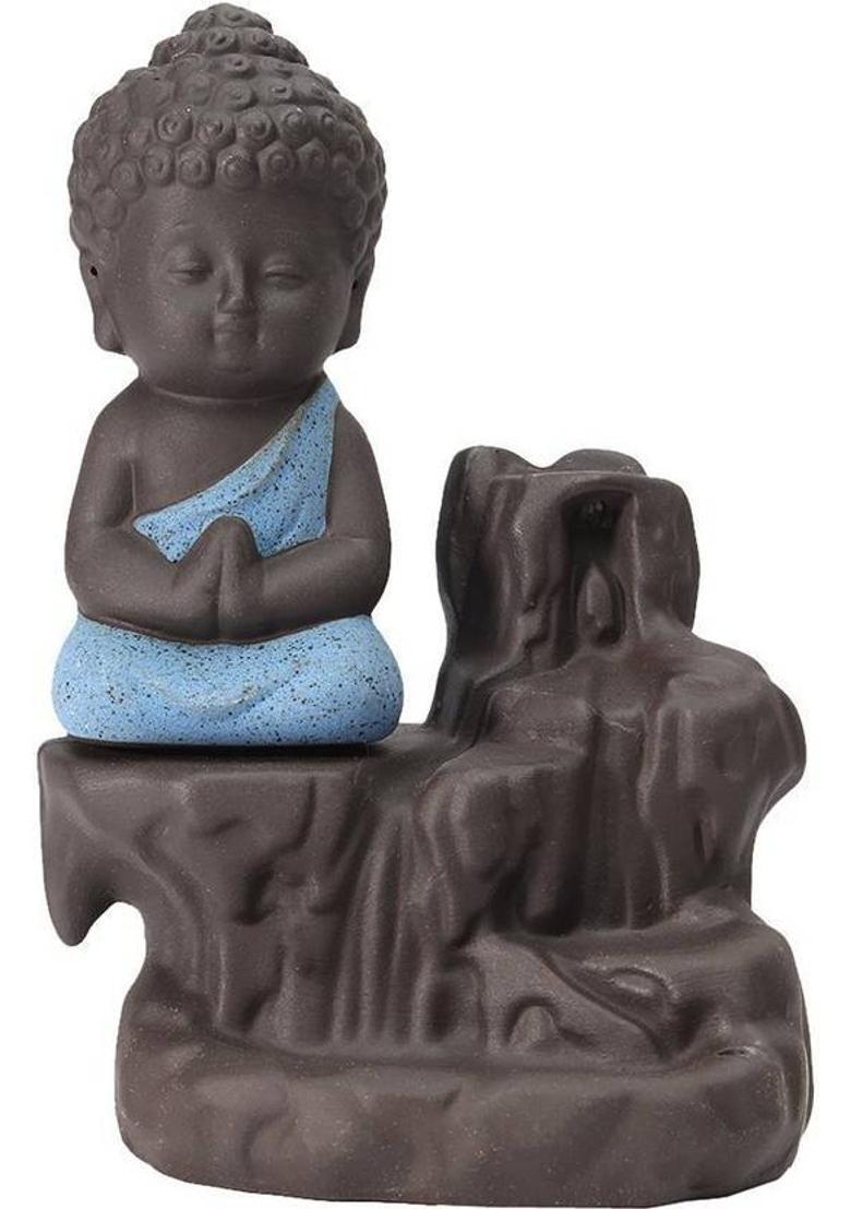 Craft Mansion Handcrafted Meditating Little baby Monk Buddha Smoke Backflow Cone Incense Holder Decorative Showpiece - 12 cm&nbsp;&nbsp;(Polyresin, Black, Blue) - Indya