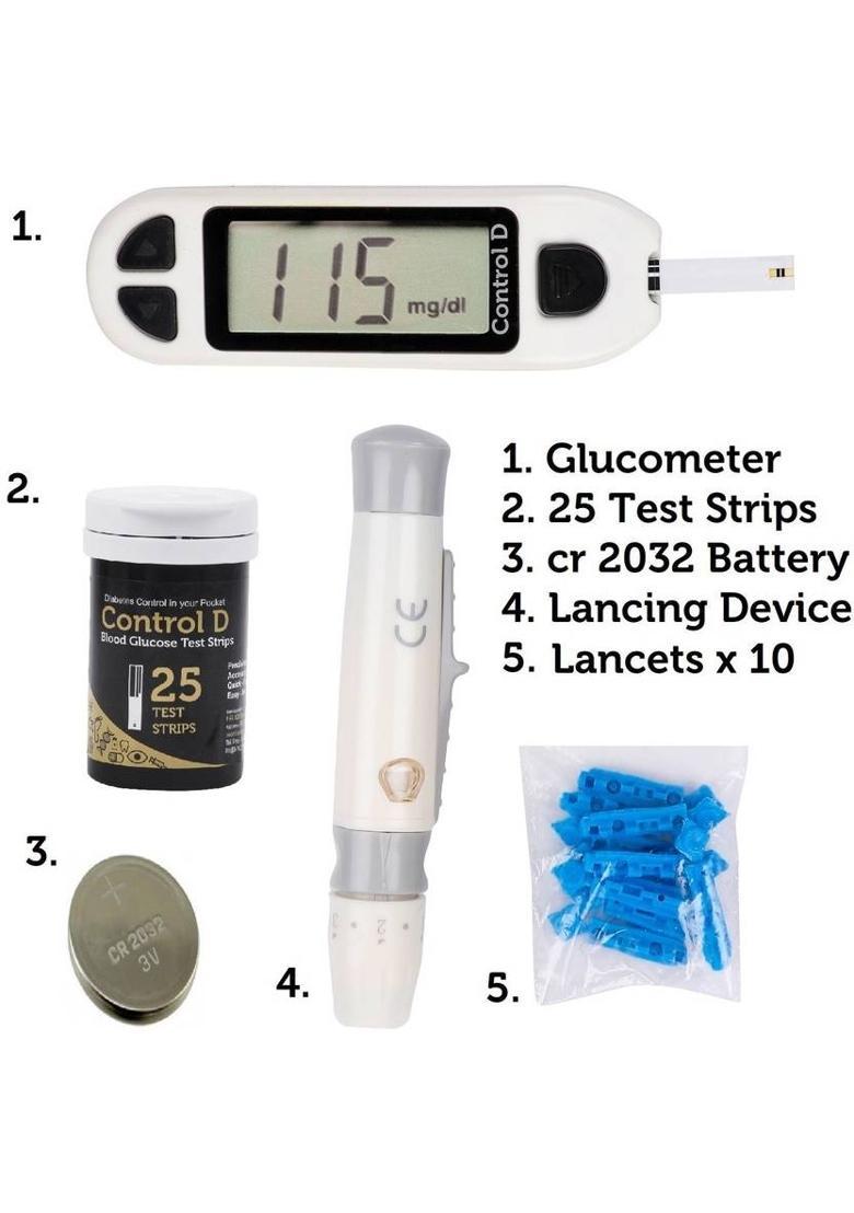 Control D 25 Strips & Automatic Glucose Blood Sugar Testing Machine Digital Glucometer&nbsp;&nbsp;(White) - Indya