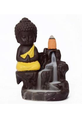 Oanik Oanik Meditating Monk Buddha Smoke Backflow Cone Decorative Incense Holder (7 cm x 7 cm x 12, Yellow) Decorative Showpiece - 12 cm&nbsp;&nbsp;(Terracotta, Black, Yellow)