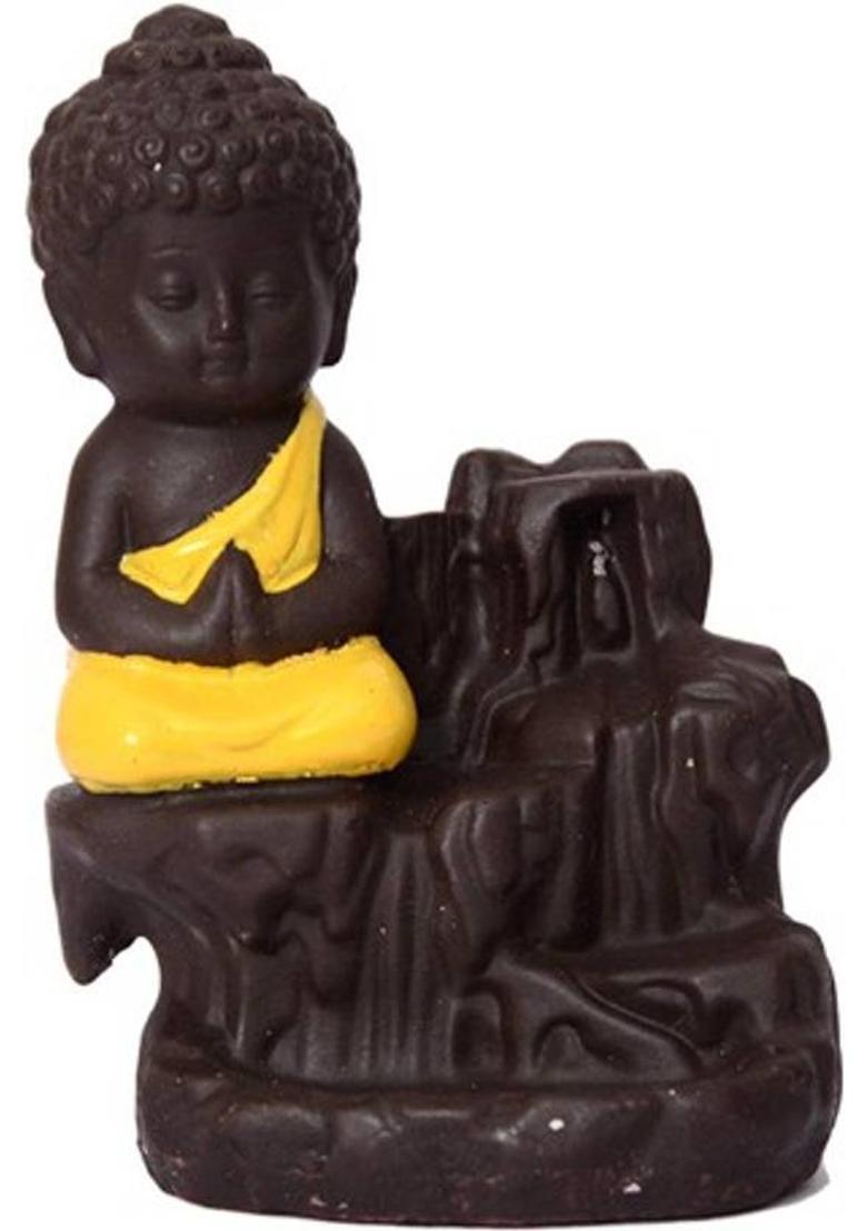 Oanik Oanik Meditating Monk Buddha Smoke Backflow Cone Decorative Incense Holder (7 cm x 7 cm x 12, Yellow) Decorative Showpiece - 12 cm&nbsp;&nbsp;(Terracotta, Black, Yellow) - Indya