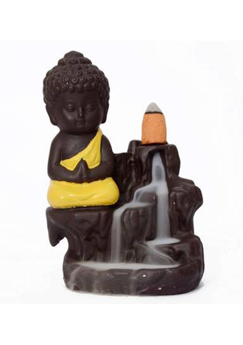 Oanik Oanik Meditating Monk Buddha Smoke Backflow Cone Decorative Incense Holder (7 cm x 7 cm x 12, Yellow) Decorative Showpiece - 12 cm&nbsp;&nbsp;(Terracotta, Black, Yellow) - Indya