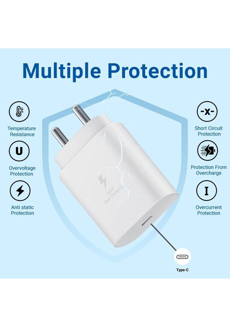 MAK 25 W Supercharge 3.1 A Wall Charger for Mobile with Detachable Cable&nbsp;&nbsp;(Compatible for Galaxy A34 5G & Other Devices, White, Cable Included) - Indya