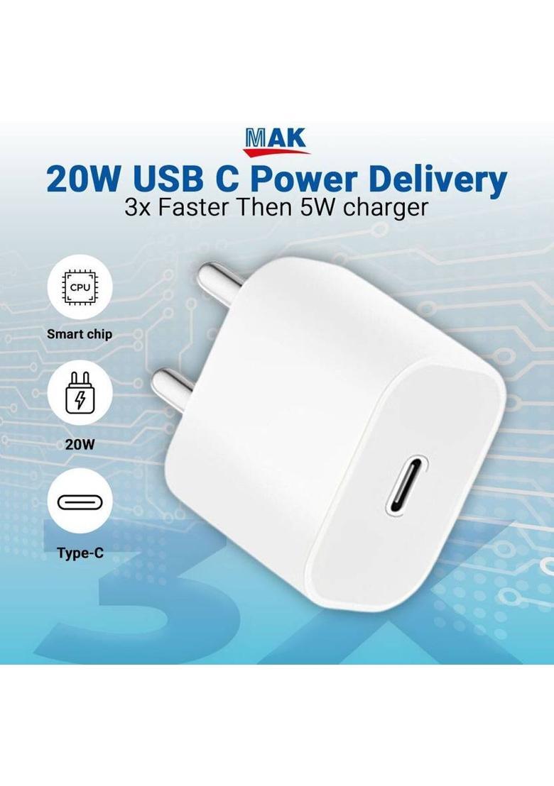 MAK 20 W PD 2.7 A Wall Charger for Mobile with Detachable Cable&nbsp;&nbsp;(White, Cable Included) - Indya