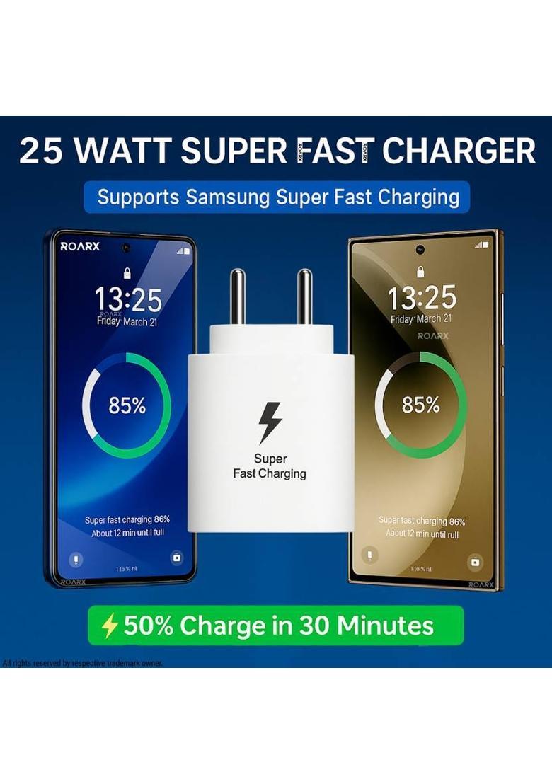 RoarX 25 W Quick Charge 3.1 A Wall Charger for Mobile&nbsp;&nbsp;(White, 25W Superfast Charging Adapter for Galaxy F05 5g Charger Adapter) - Indya