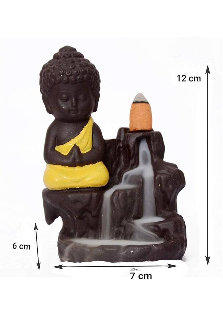 Shubh Labh Meditating Little baby Monk Buddha Smoke Backflow Cone Incense Holder Decorative Showpiece - 10 cm&nbsp;&nbsp;(Resin, Polyresin, Yellow) - Indya