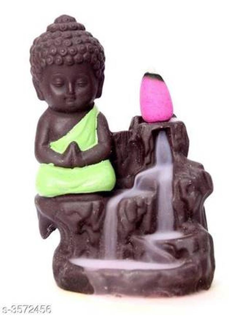 Anjora Meditating Monk Buddha Smoke Backflow Cone Incense Decorative Showpiece with 10 Smoke Backflow Cone Incenses Polyresin Incense Holder&nbsp;&nbsp;(Multicolor) - Indya
