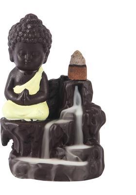 Asian Aura Craft Smoke Fountain Yellow Buddha Murti Backlow Incense Burner Idols Statue Decorative Showpiece Ceramic Incense Holder&nbsp;&nbsp;(Yellow)