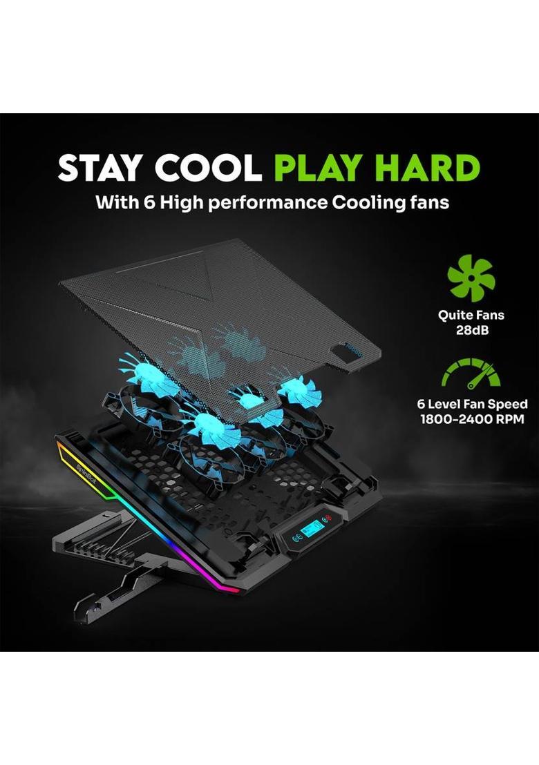 SpinBot AirFlow X20 |6 Fans|RGB Lights|6 Speed Level|Metal Body| 6 Fan Ergonomic Cooling Pad with Adjustable Height&nbsp;&nbsp;(Black) - Indya