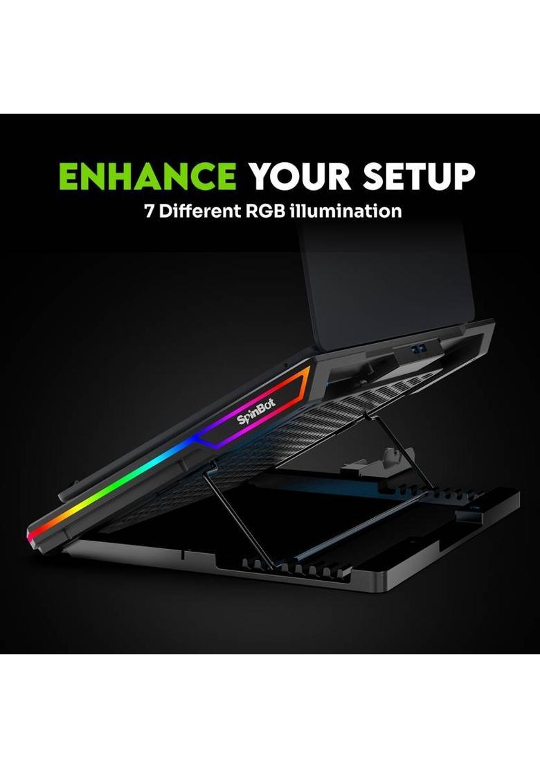 SpinBot AirFlow X20 |6 Fans|RGB Lights|6 Speed Level|Metal Body| 6 Fan Ergonomic Cooling Pad with Adjustable Height&nbsp;&nbsp;(Black) - Indya