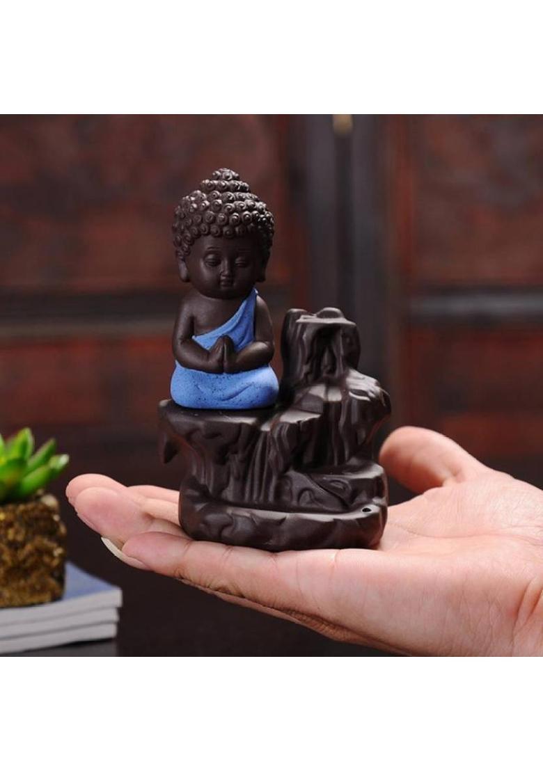 AapnoCrafts Maditating Monk Buddha Smoke Back flow Cone Incense Holder- With 10 Free Incence Cones Decorative Showpiece - 12 cm&nbsp;&nbsp;(Ceramic, Multicolor) - Indya