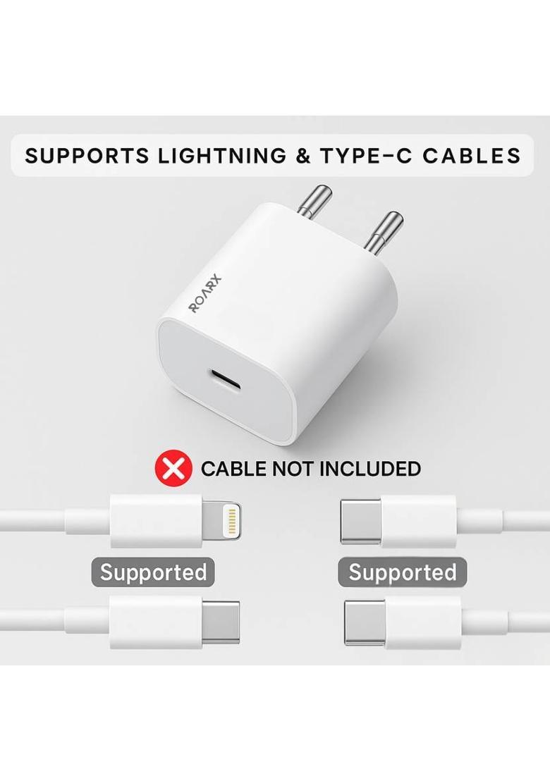 RoarX 20 W Supercharge 3 A Wall Charger for Mobile&nbsp;&nbsp;(White, 20W PD Type-C Fast Charger For iPhone 11/12/13/14 Charger Adapter) - Indya
